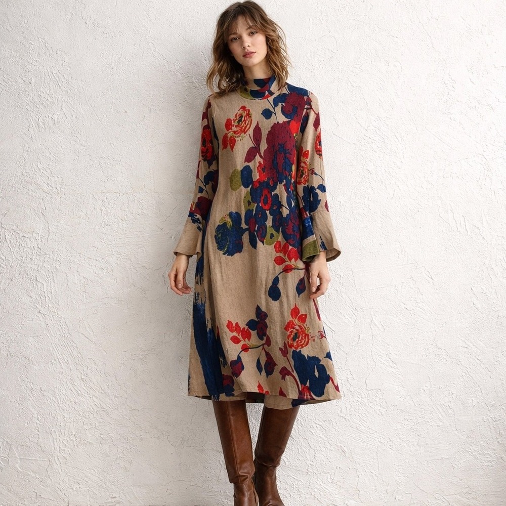 NWT Boho Floral Knit Midi Dress L Bell Sleeve Romantic Artsy Spring‎